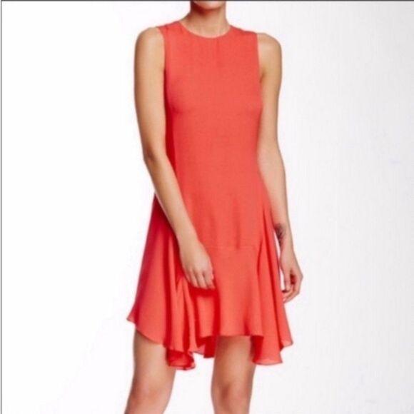 A.L.C. Silk Myron Sleeveless Ruffle Asymmetrical Dress in Coral - Picture 1 of 9
